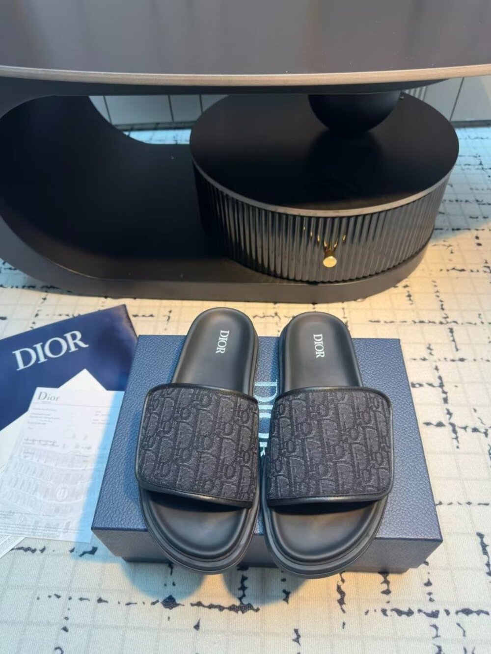 Dior Black All‑Over Logo Open Toe Slip‑On Slide Sandals